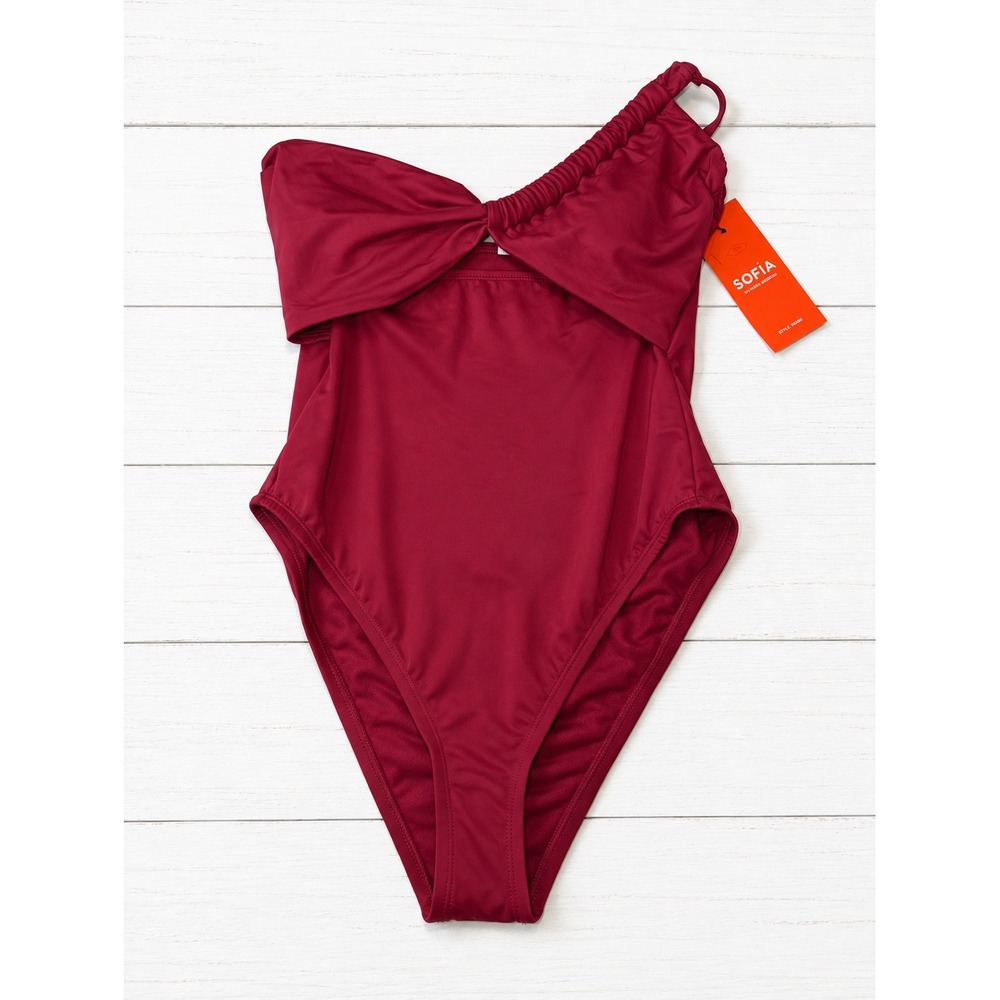 Sofia by Sofia Vergara One Shoulder Cutout One Piece Swimsuit Burgundy Small